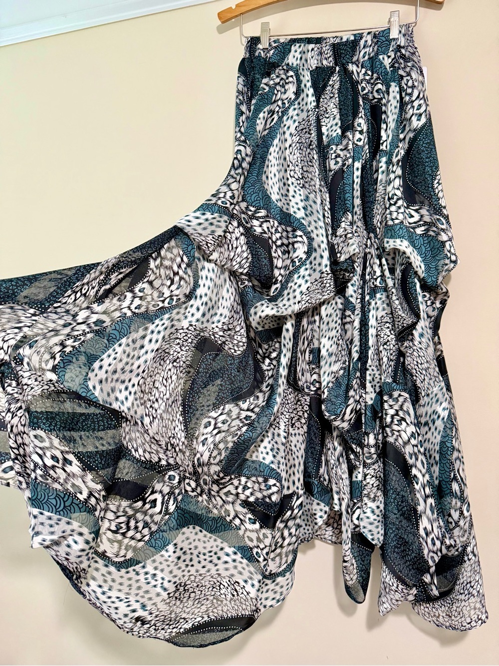 Boho Flowy Teal Black & White Abstract Handkerchief Maxi Skirt